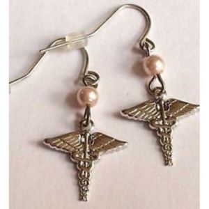 Silver Pearl Caduceus Earrings Nursing Doctor Gift